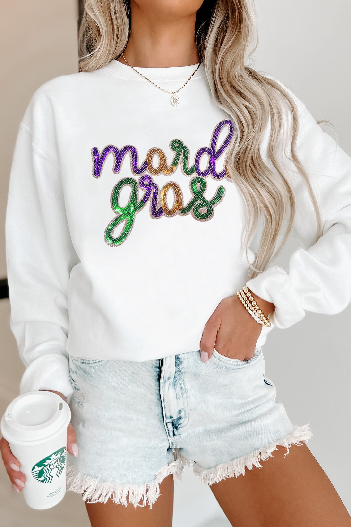 White Sequined mardi gras Graphic Crew Neck Drop Shoulder Sweatshirt