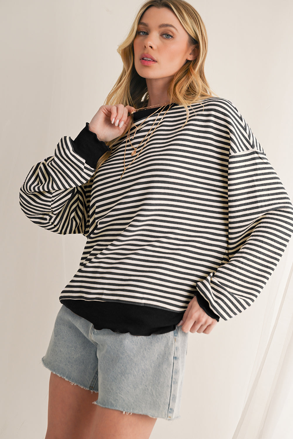 Purple Stripe Drop Shoulder Long Sleeve Top