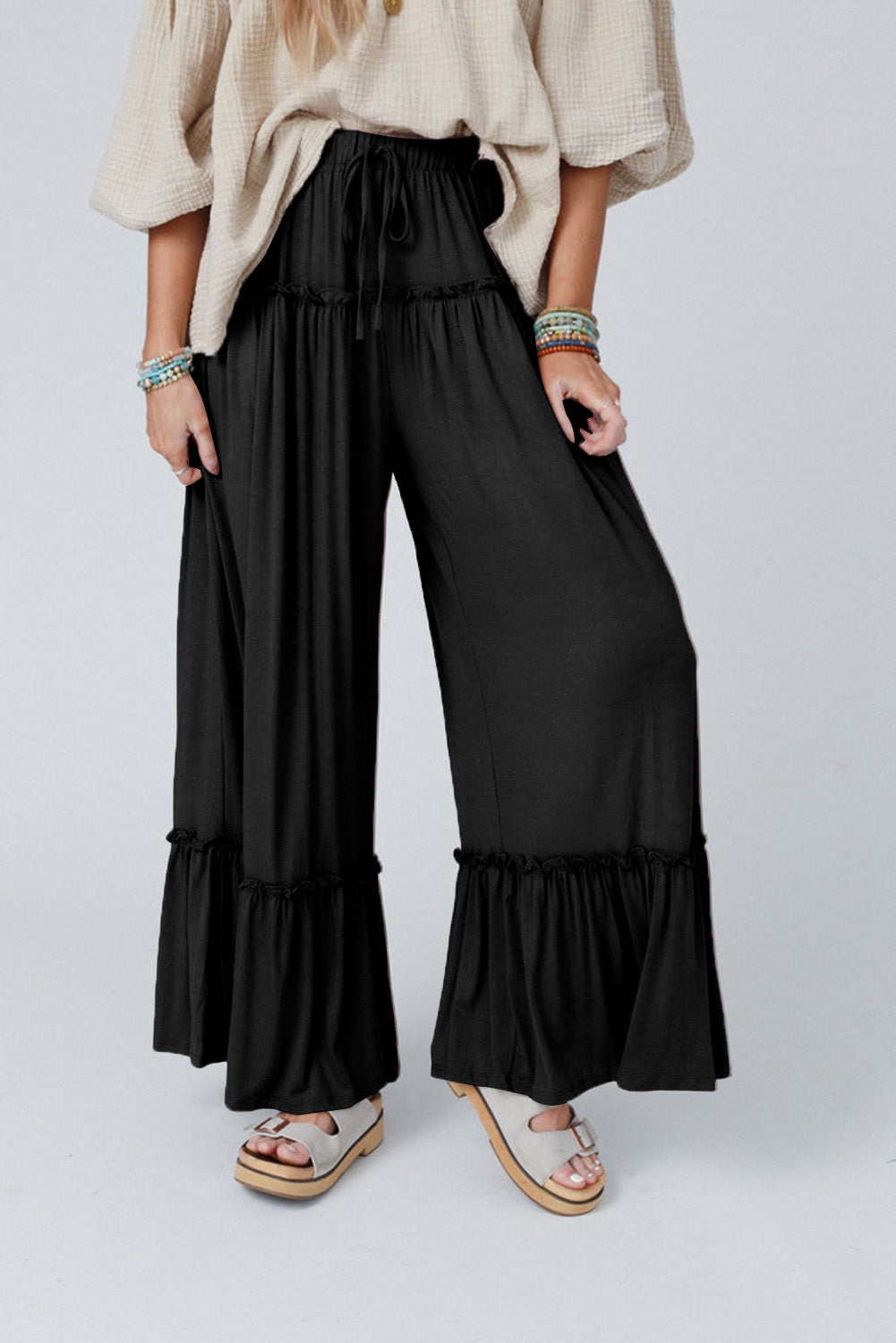 Khaki Frilled Drawstring High Waist Wide Leg Pants