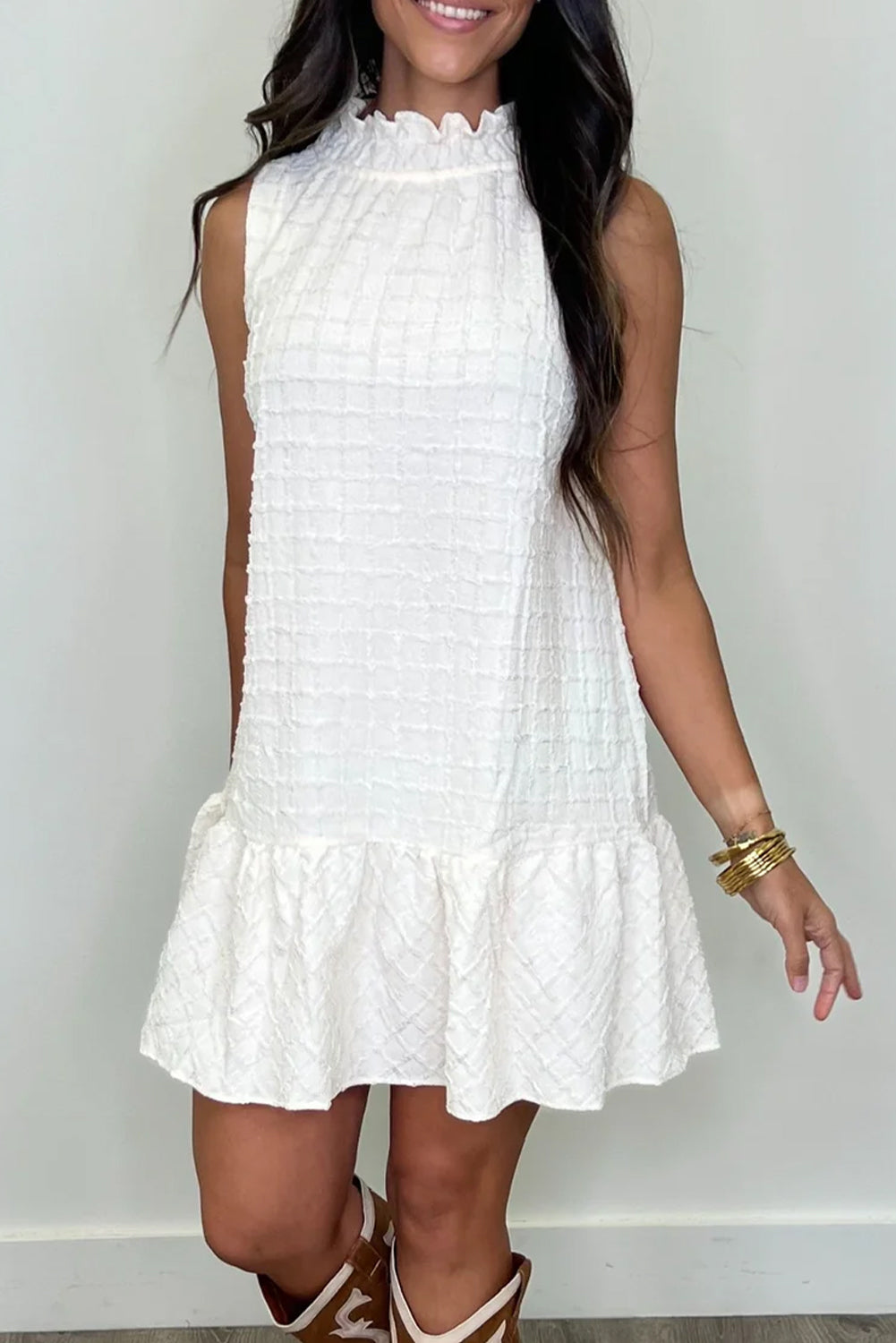 White Solid Color Grid Texture Frill Neck Ruffle Hem Dress