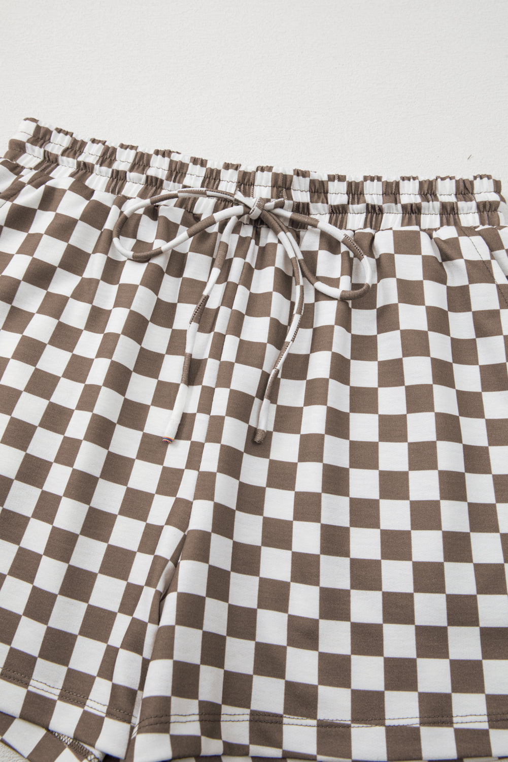 Brown Checkered Top and Drawstring Shorts Pajama Set