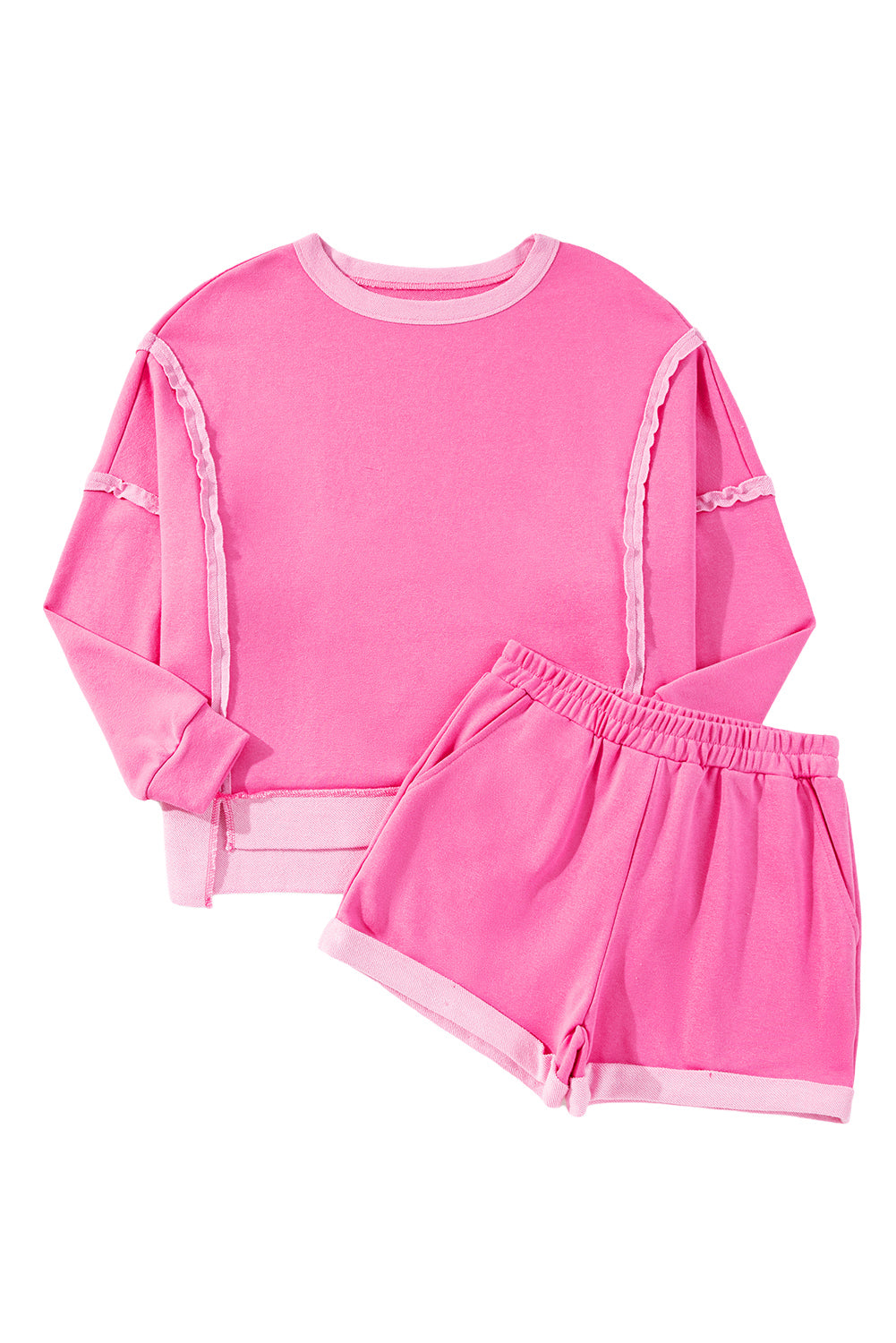 Sachet Pink Patchwork Long Sleeve Pullover and Shorts Set