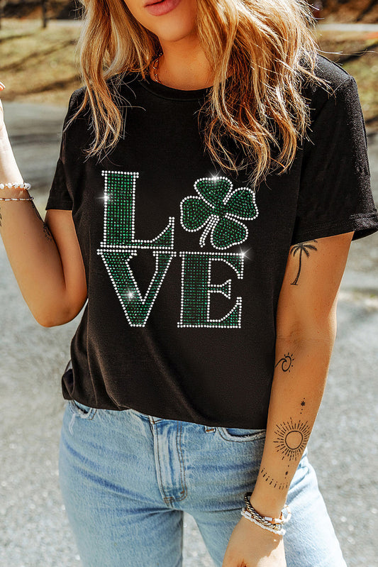 Black St Patricks Day Rhinestone LOVE Letter Printed Crewneck Tee