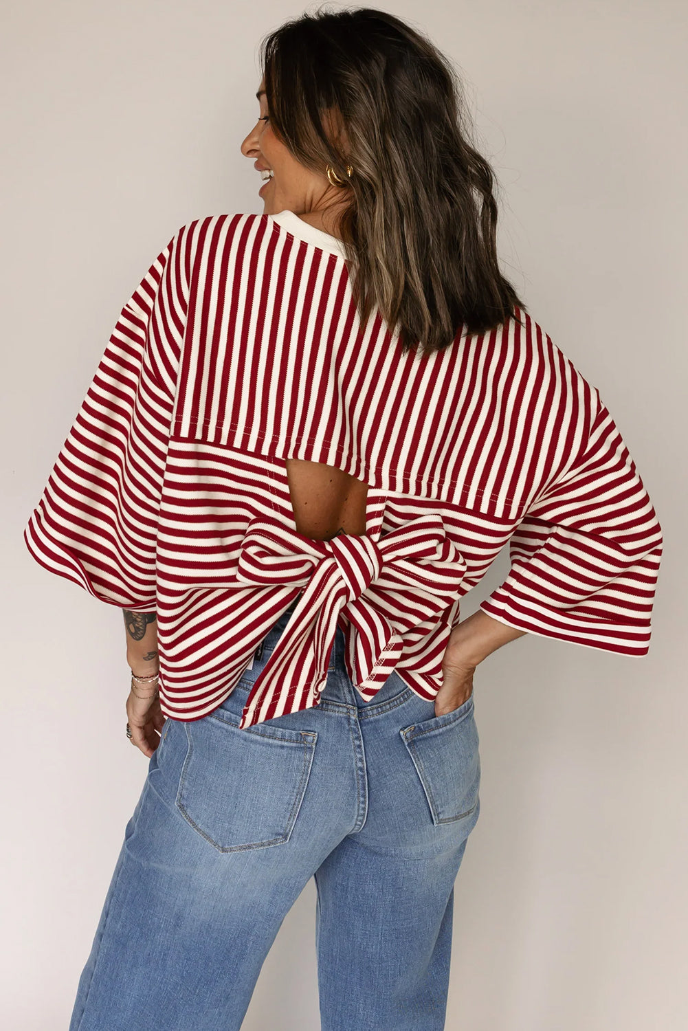 Red Striped Bowknot Backless T-Shirt