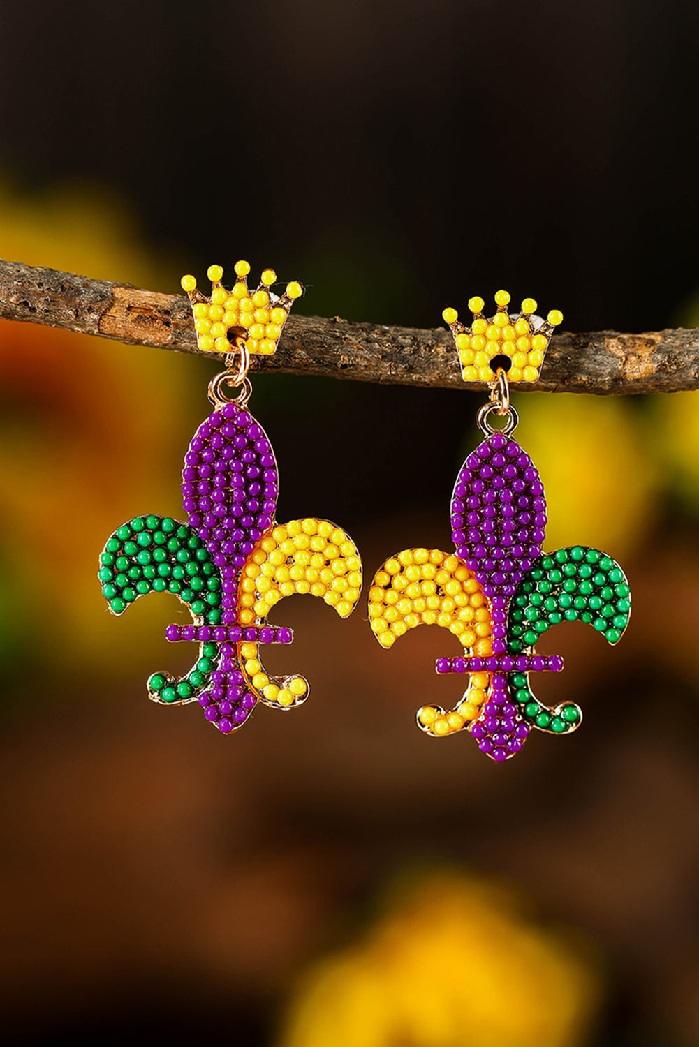 Purple Mardi Gras Beaded Dangle Earrings