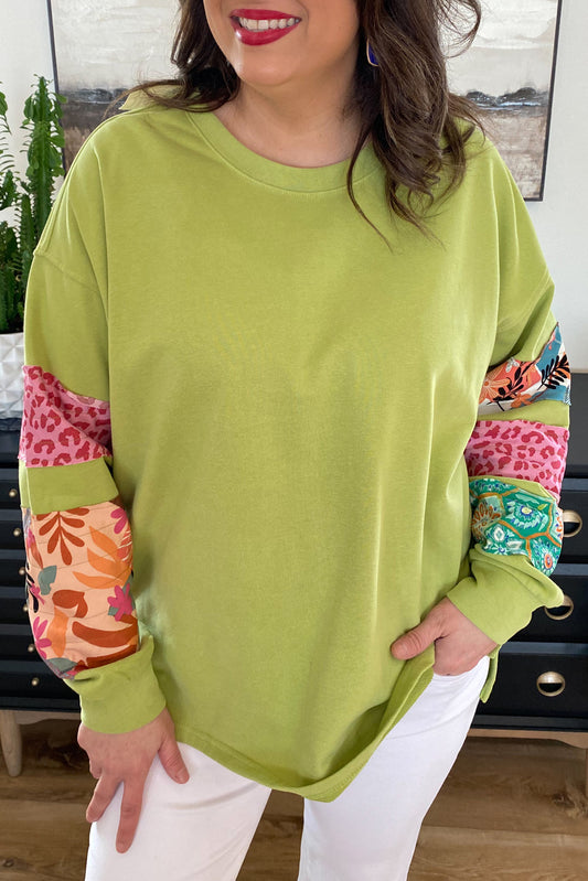 Green Leopard Patchwork Sleeve Split Plus Sweatshirt