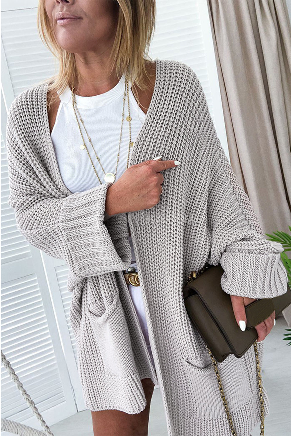 Khaki Batwing Sleeve Pocket Oversized Cable Knit Cardigan