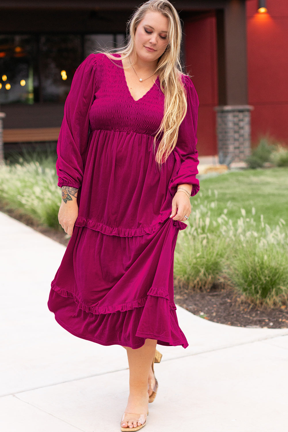 Rose Red Smocked V Neck Tiered Ruffle Velvet Plus Size Maxi Dress