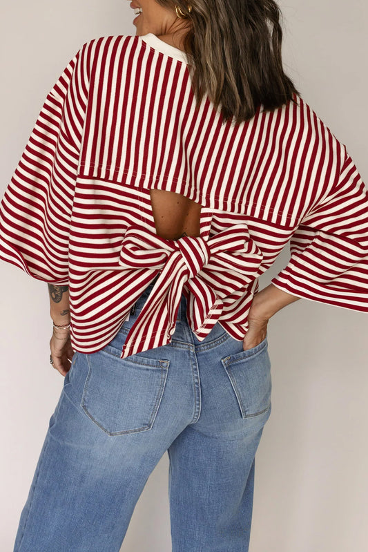 Red Striped Bowknot Backless T-Shirt