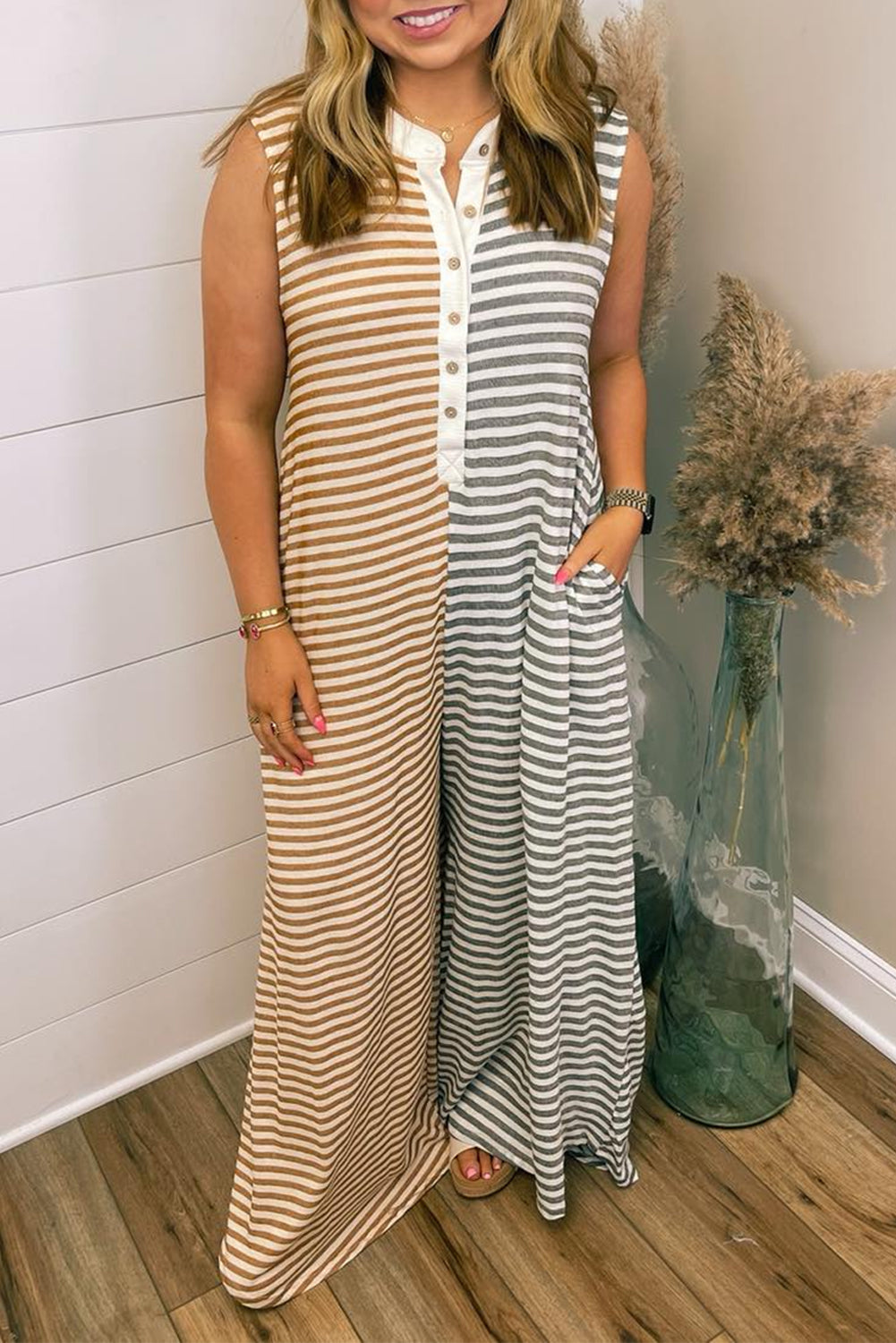 Gray Stripe Plus Size Color Block Buttoned Sleeveless Wide Leg Jumpsuit