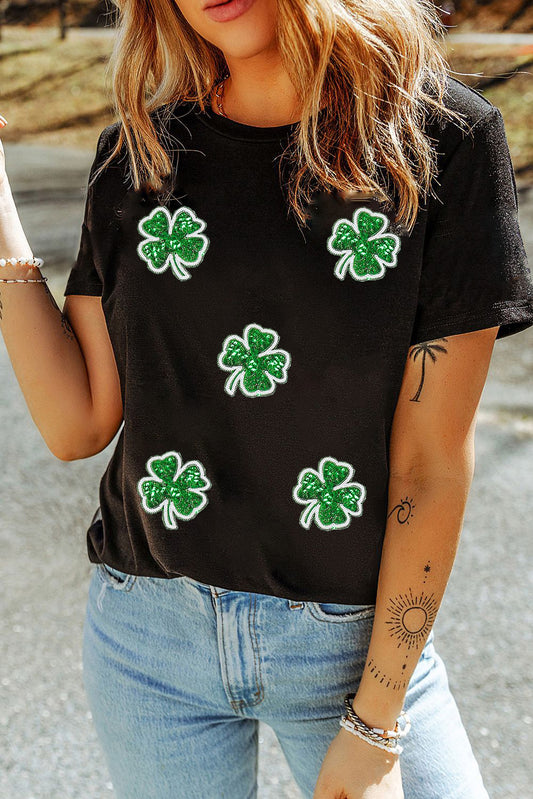 Black Four Leaf Clover Graphic St. Patricks Crewneck Tee