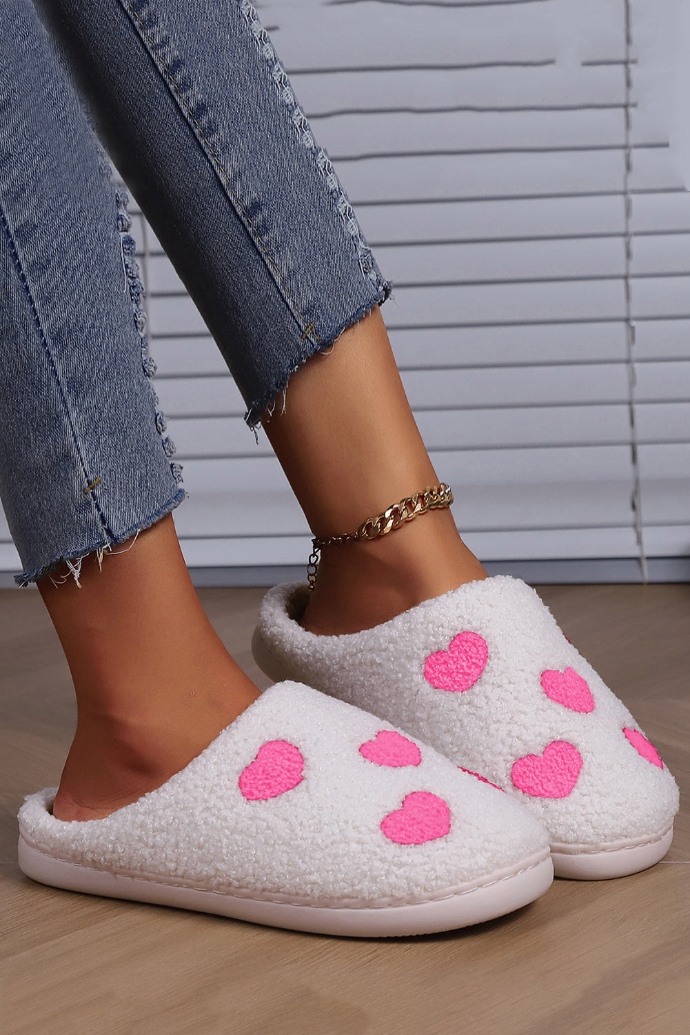 Pink Valentines Day Hearts Print Plush Slippers