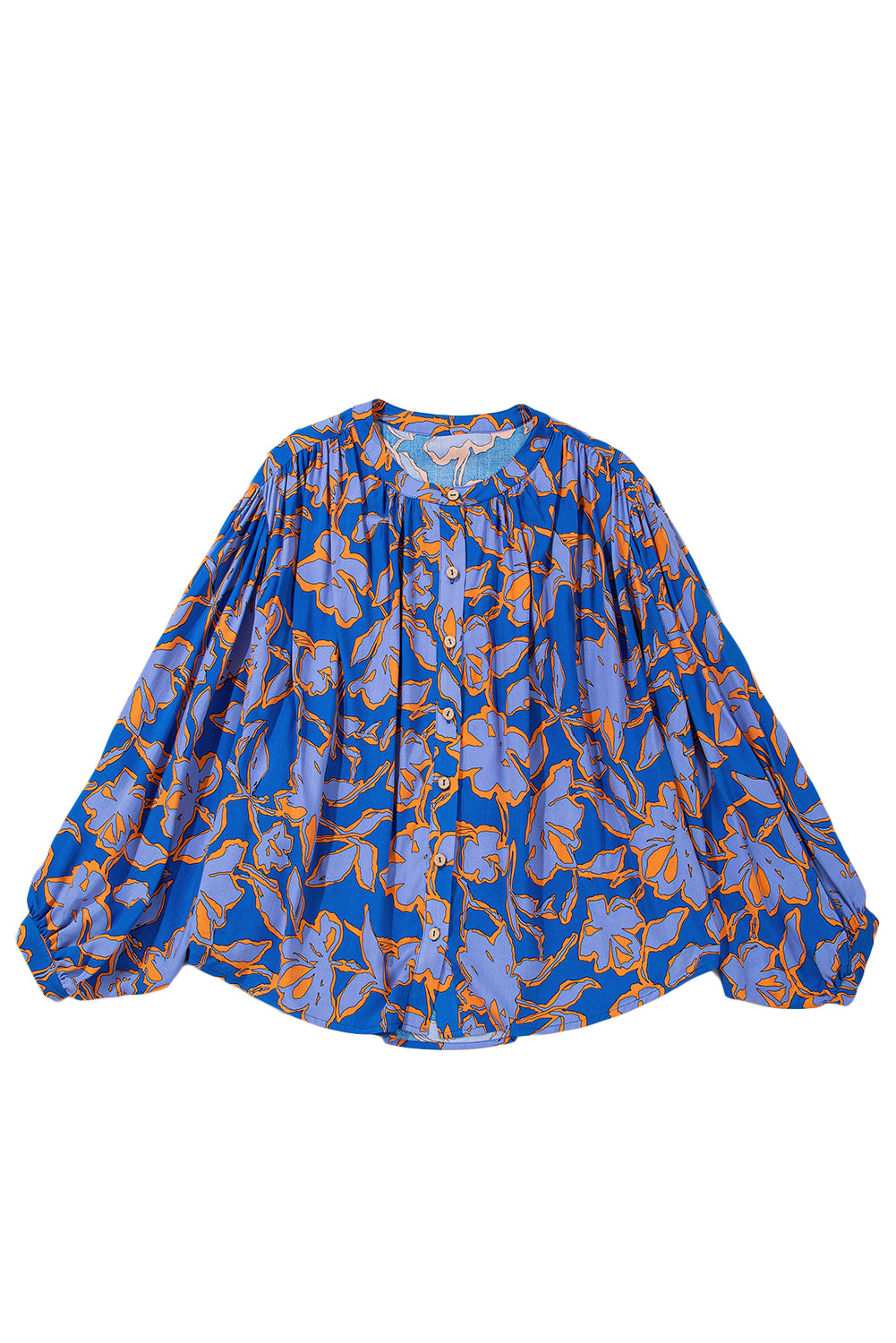 Blue Floral Print Batwing Sleeve Button Loose Fit Blouse