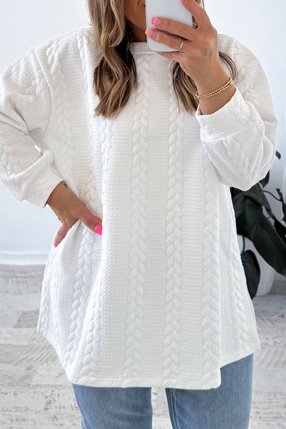 White Textured Loose Plus Size Long Sleeve Top