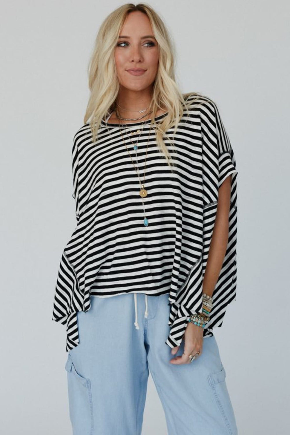 Khaki Striped Batwing Sleeve Oversized Top