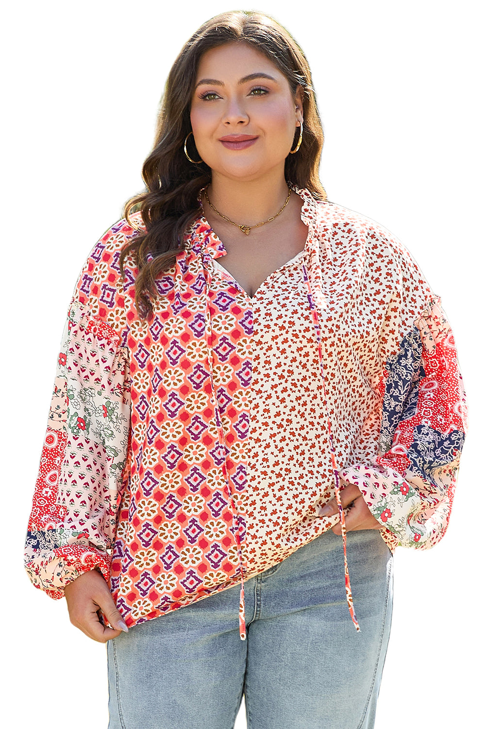 Orange Floral Geometric Patchwork Lace-up Crewneck Plus Size Blouse