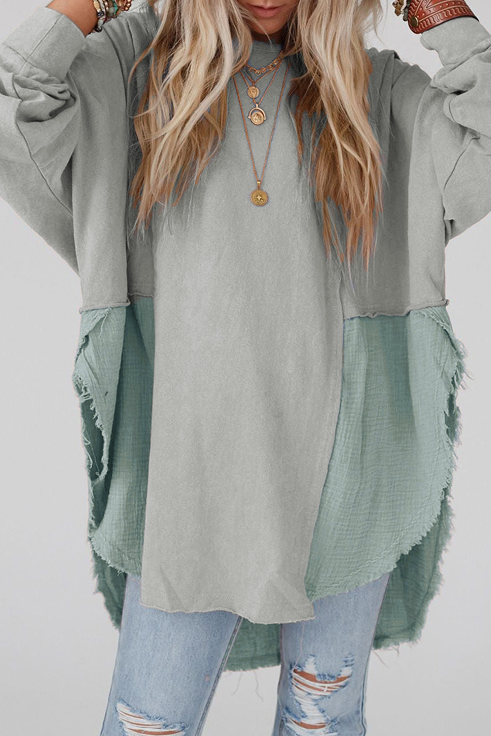 Crinkle Splicing Raw Hem High Low Oversized Blouse