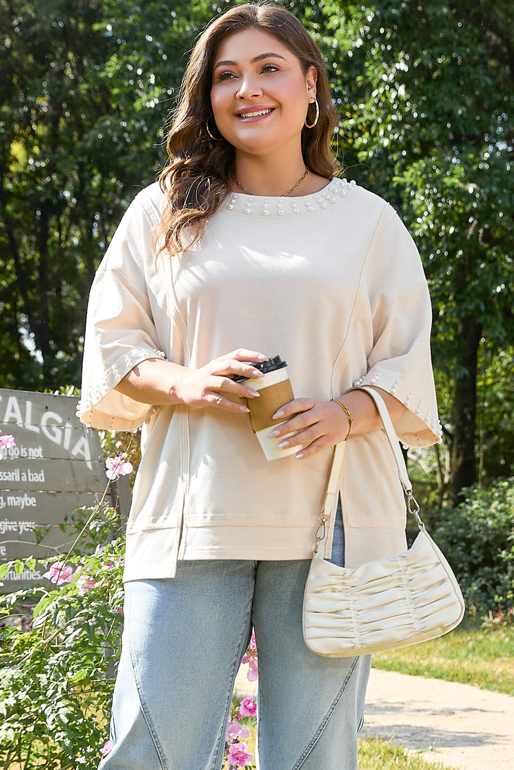 Beige Pearl Decor Crew Neck Half Sleeve Plus Size T Shirt