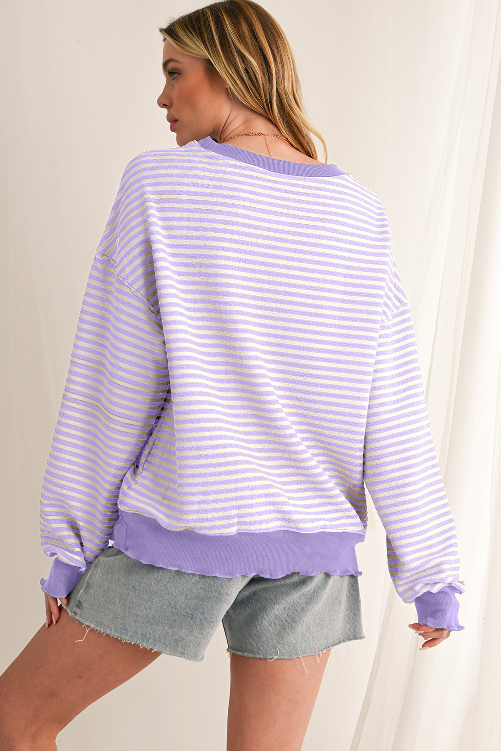 Purple Stripe Drop Shoulder Long Sleeve Top