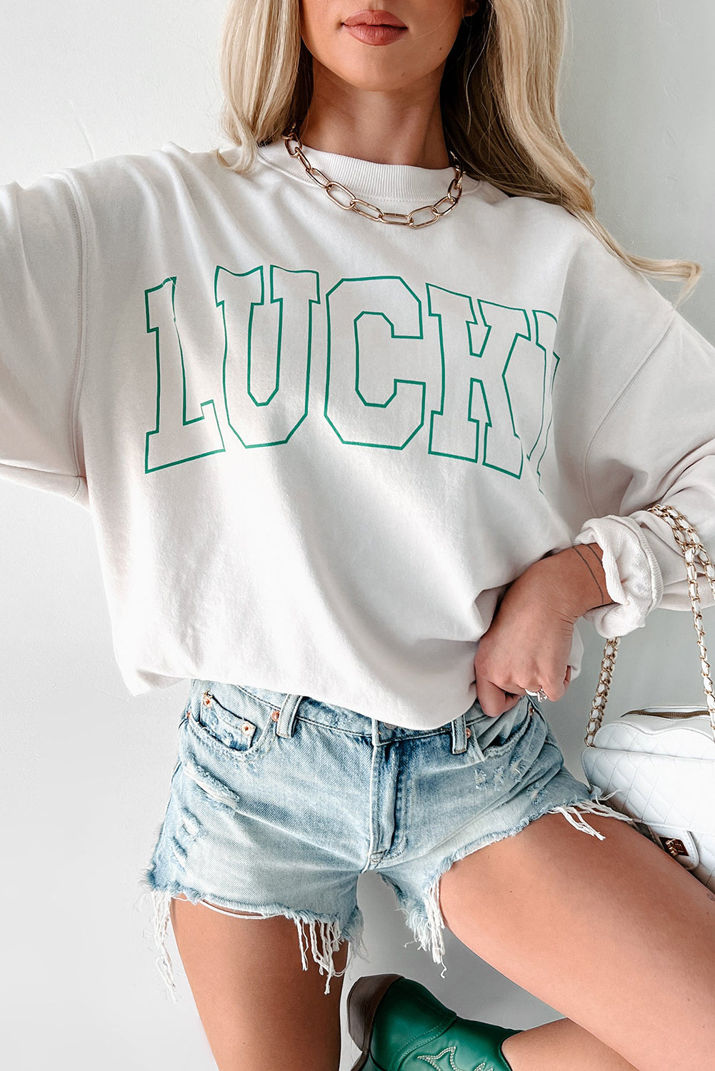 White St Patricks LUCKY Graphic Crew Neck Pullover Sweatshirt