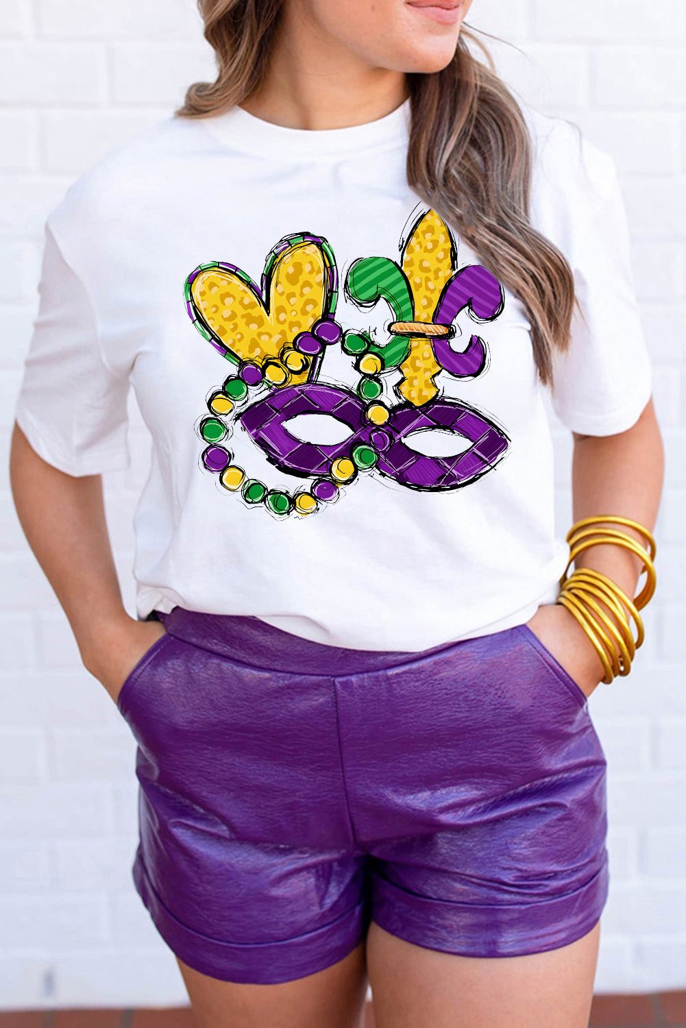 White Mardi Gras Mask Graphic Crewneck Tee