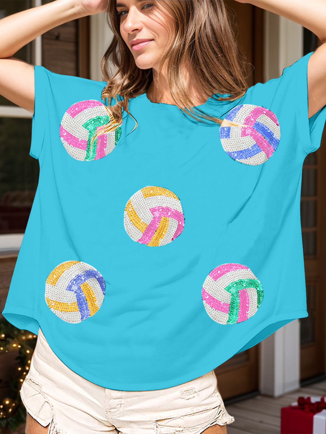 Volleyball Sequin Round Neck Short Sleeve T-Shirt