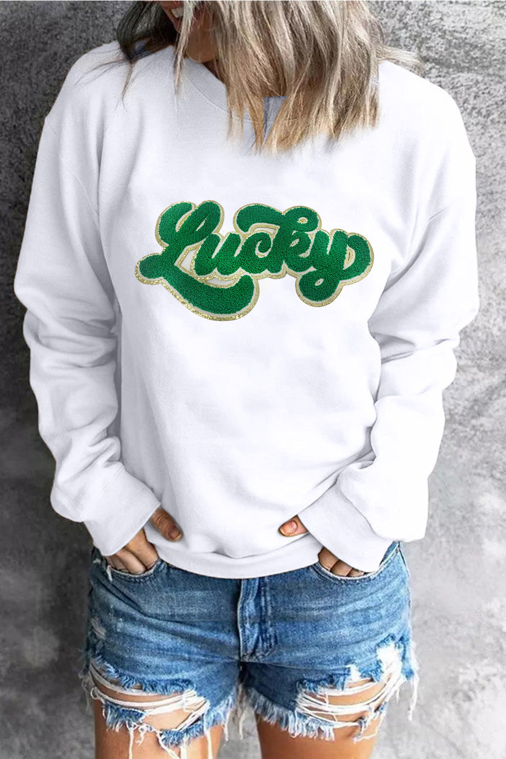 White Shiny Trim Chenille Lucky Letter Graphic Sweatshirt