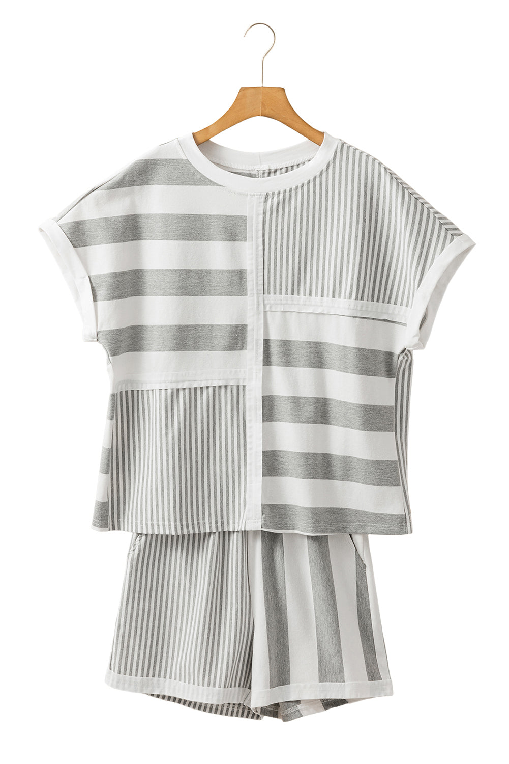 Gray Stripe Mixed Print Short Sleeve Top and Pocketed Shorts Set