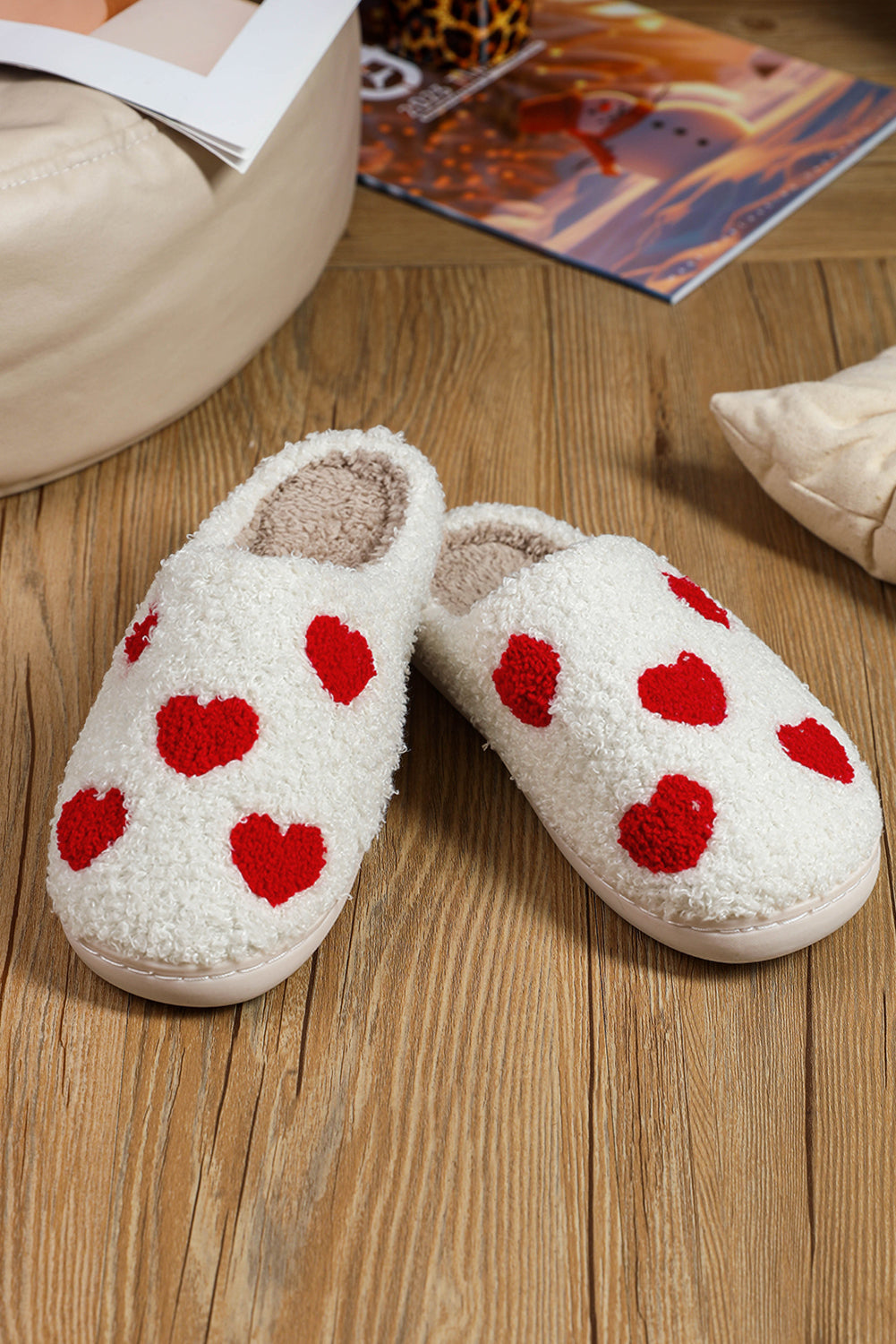 Pink Valentines Day Hearts Print Plush Slippers