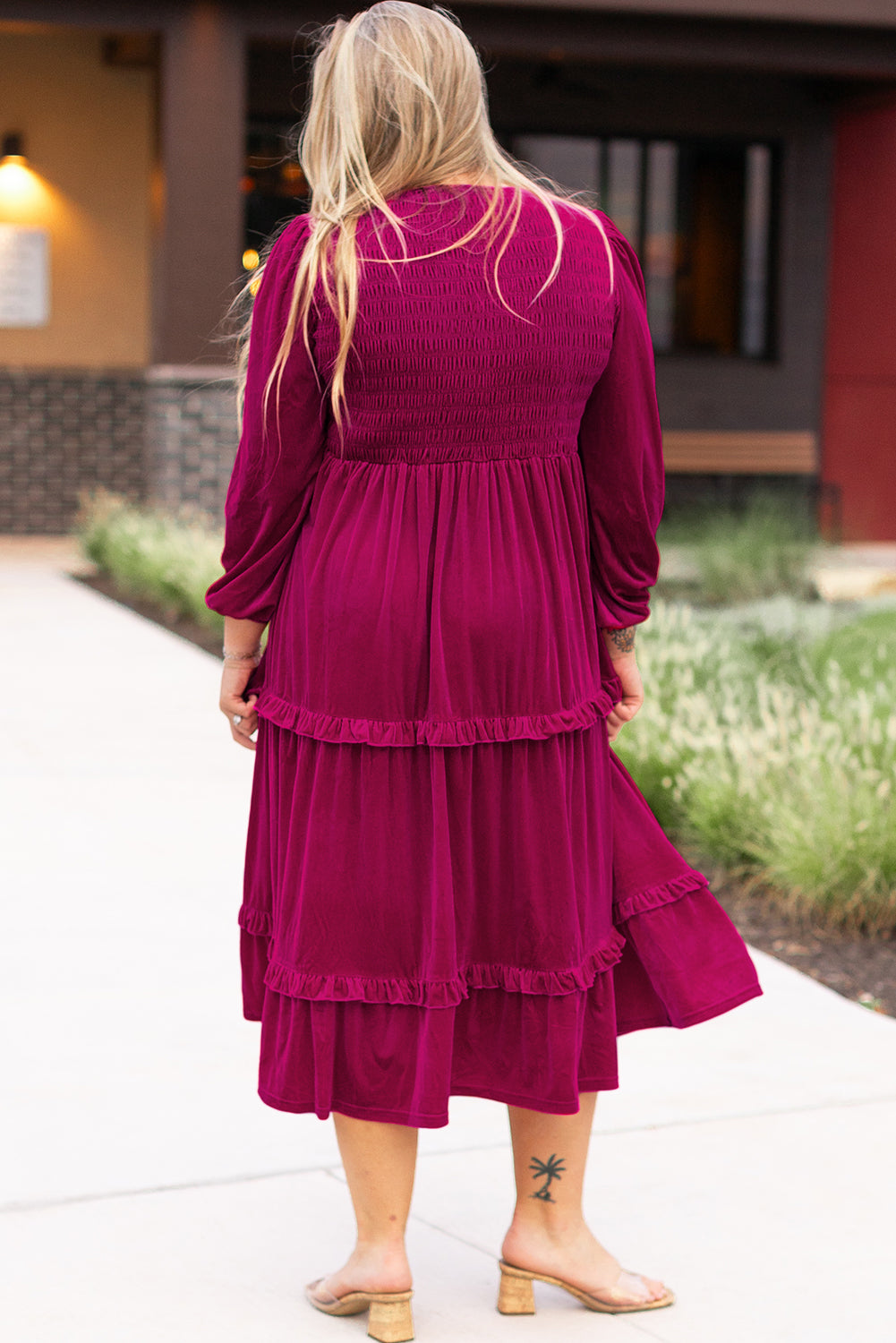 Rose Red Smocked V Neck Tiered Ruffle Velvet Plus Size Maxi Dress