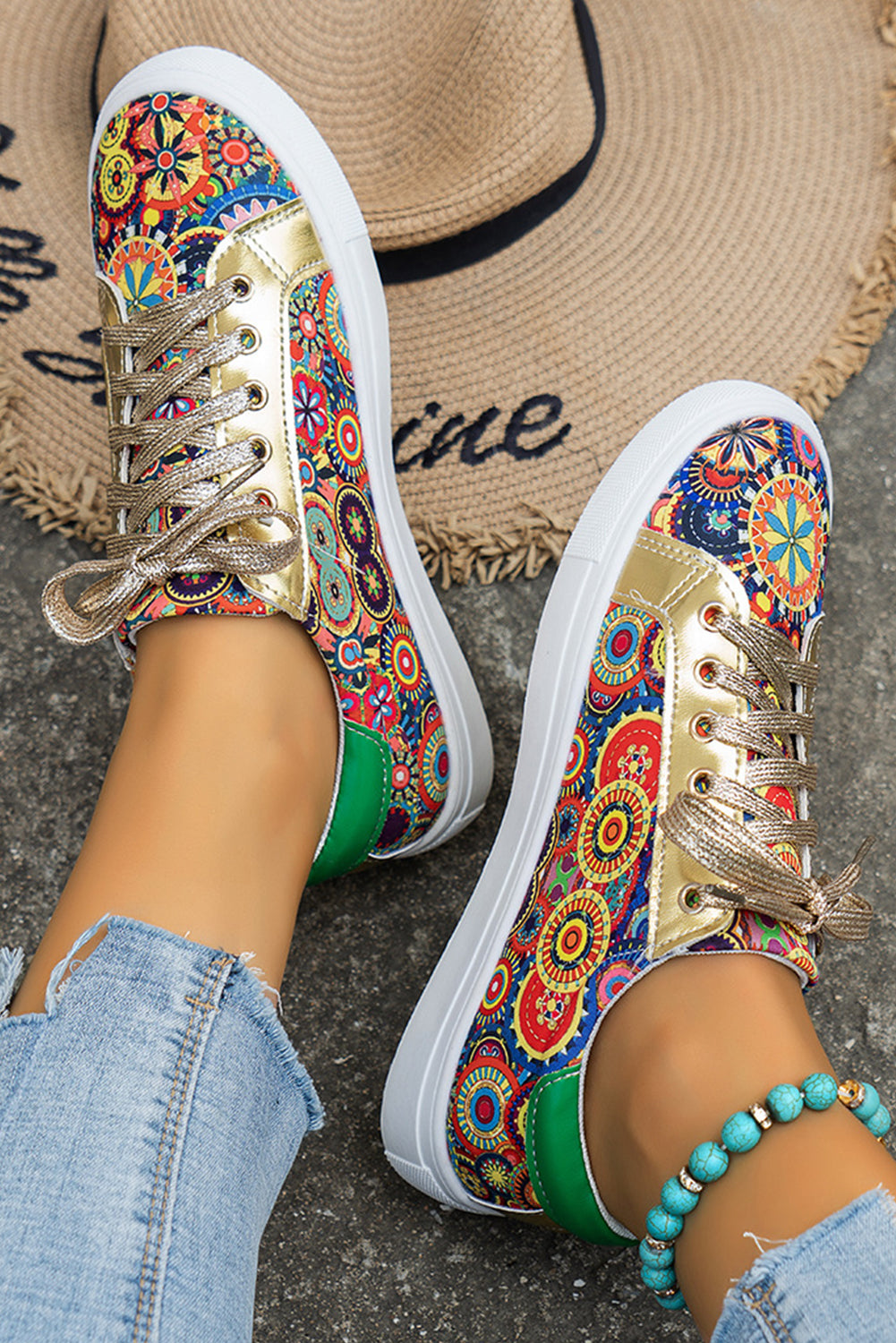 Gold Boho Geometric print Lace Up Sneakers