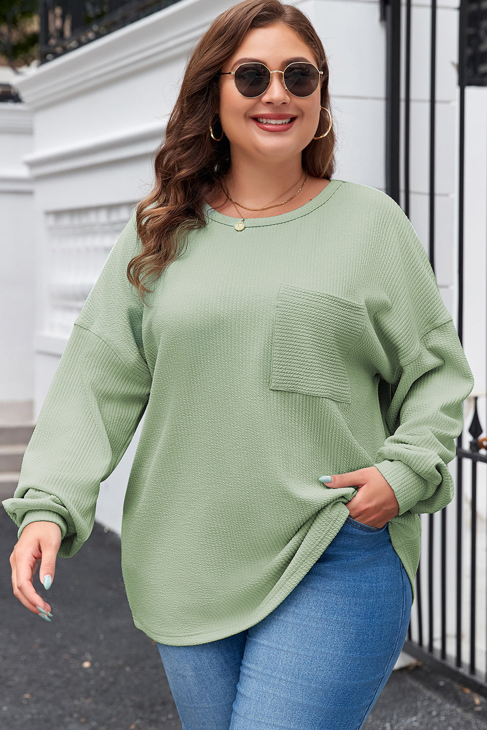 Clearly Aqua Ribbed Pocketed Plus Size Top