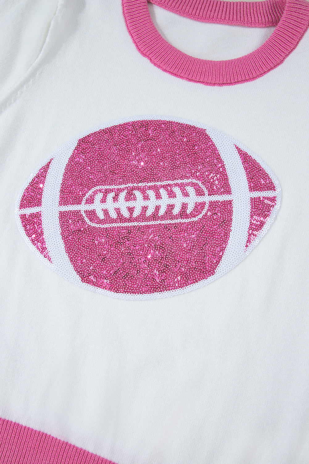 Purple Sequin Rugby Color Block Puff Short Sleeve Sweater