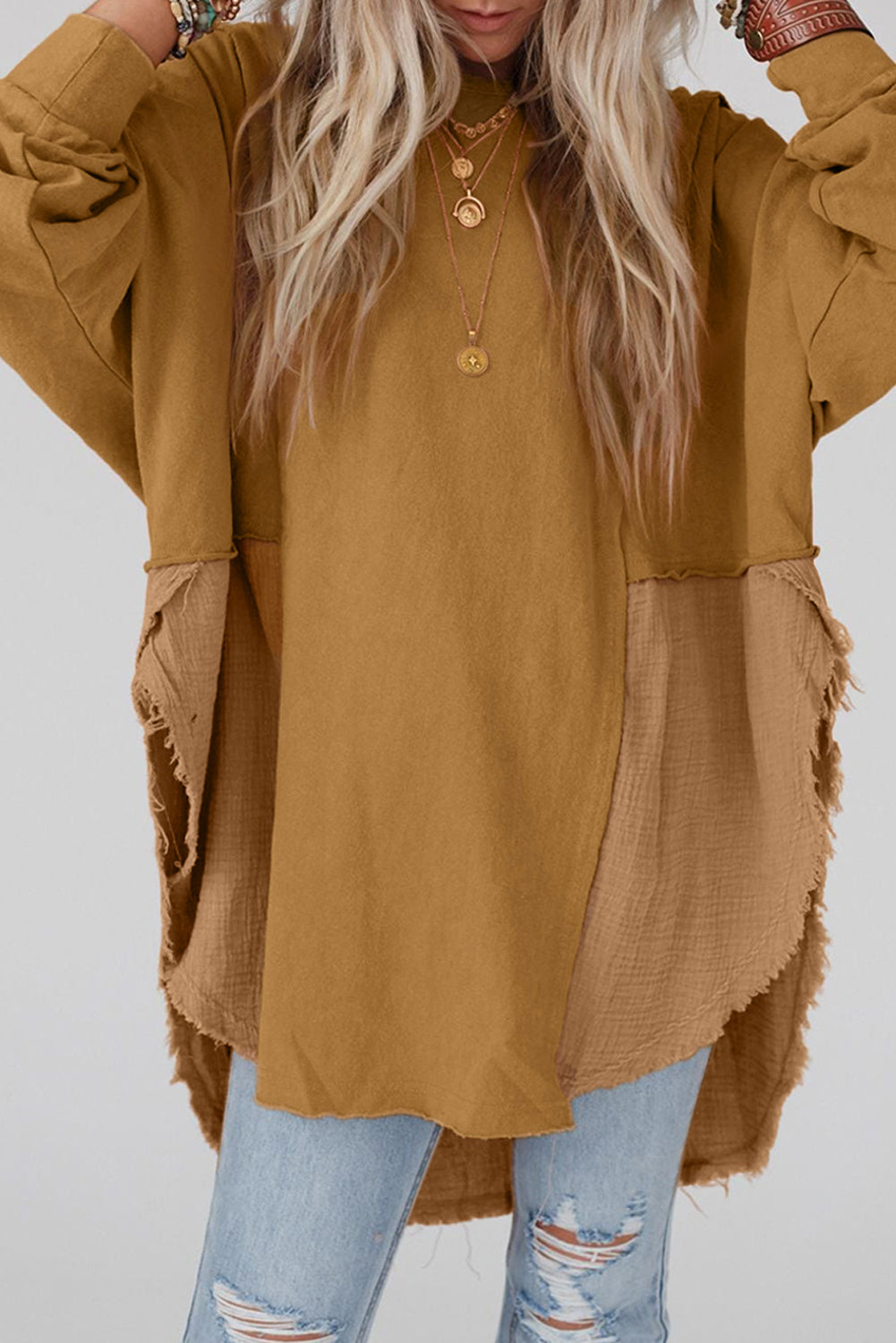 Crinkle Splicing Raw Hem High Low Oversized Blouse