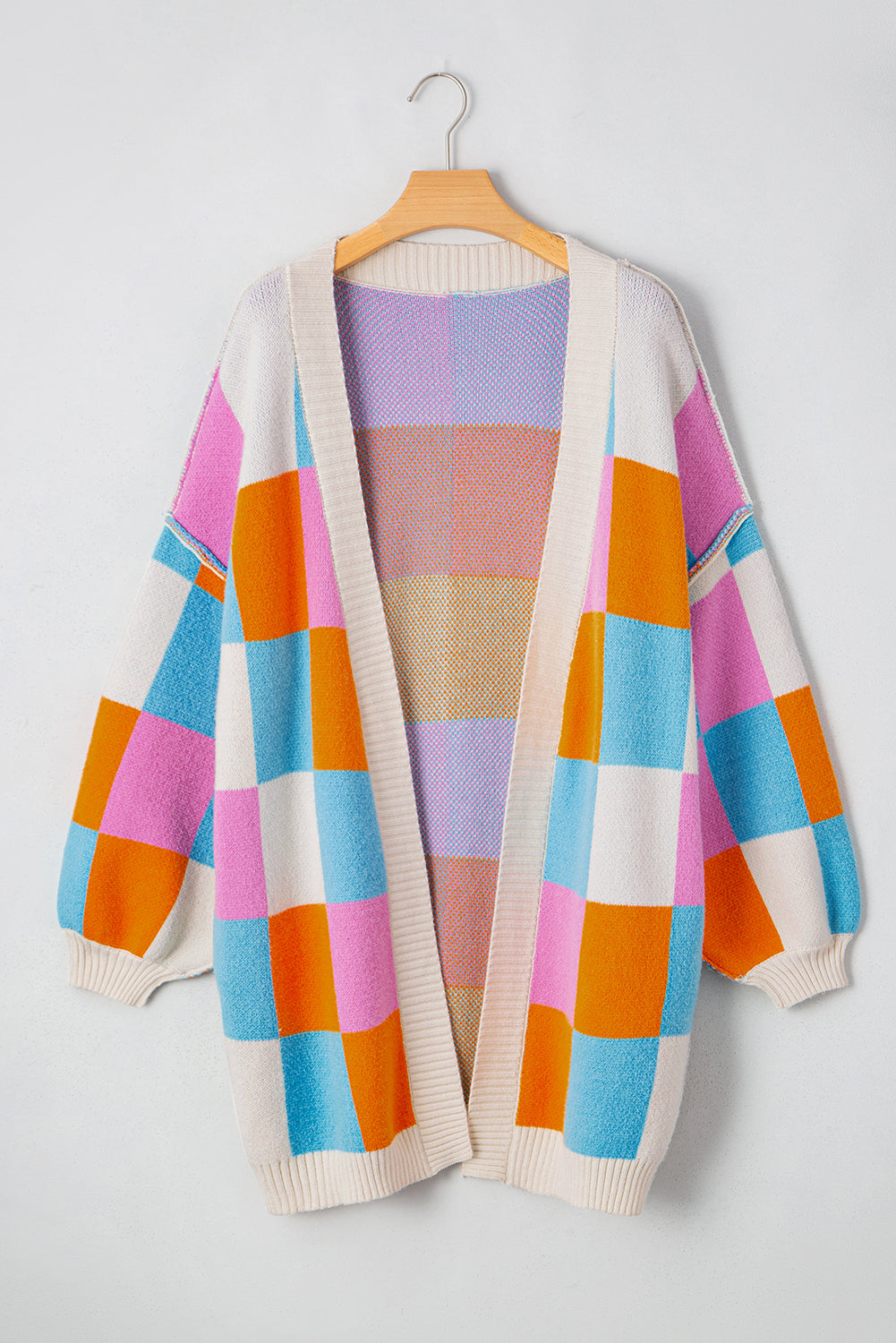 Orange Checkered Drop Shoulder Exposed Seam Open Front Cardigan