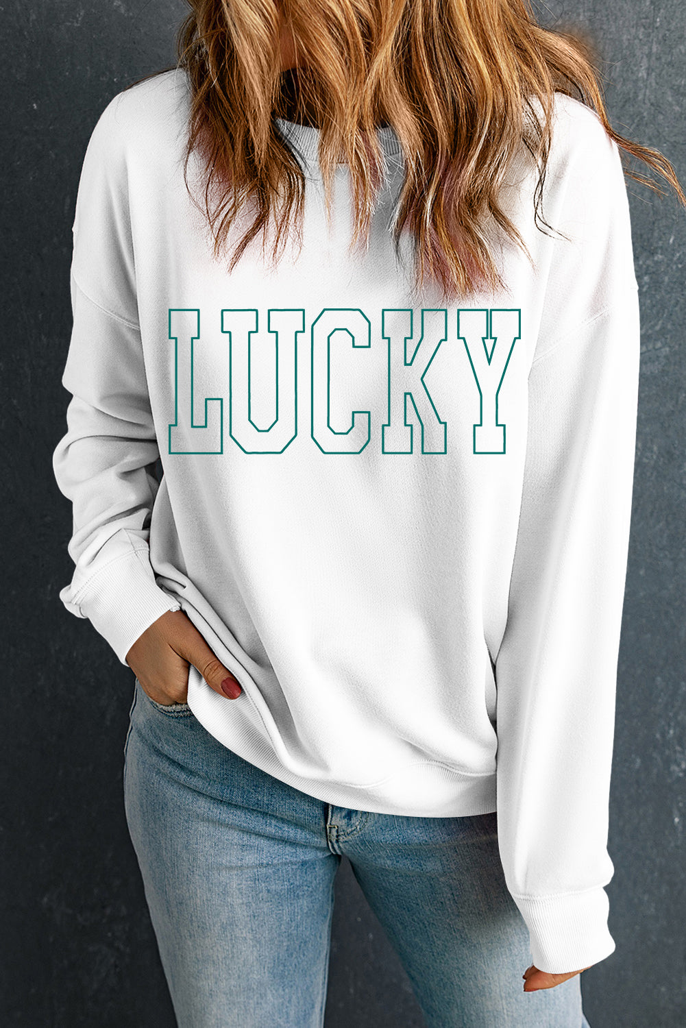 White St Patricks LUCKY Graphic Crew Neck Pullover Sweatshirt