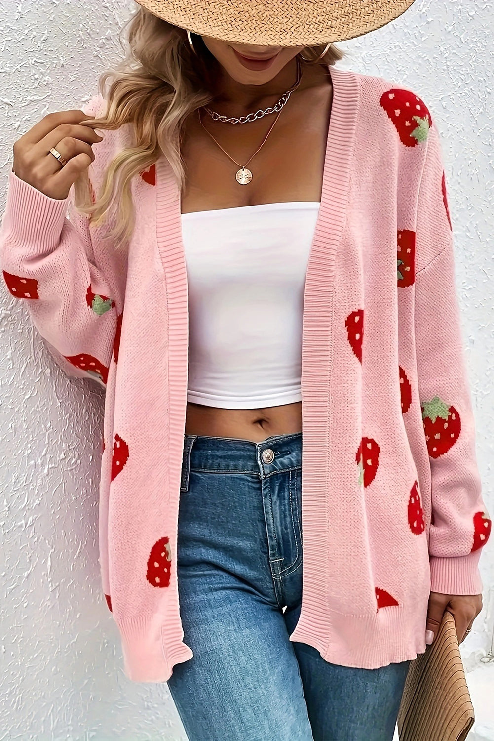 Pink Casual Strawberry Pattern Knit Cardigan