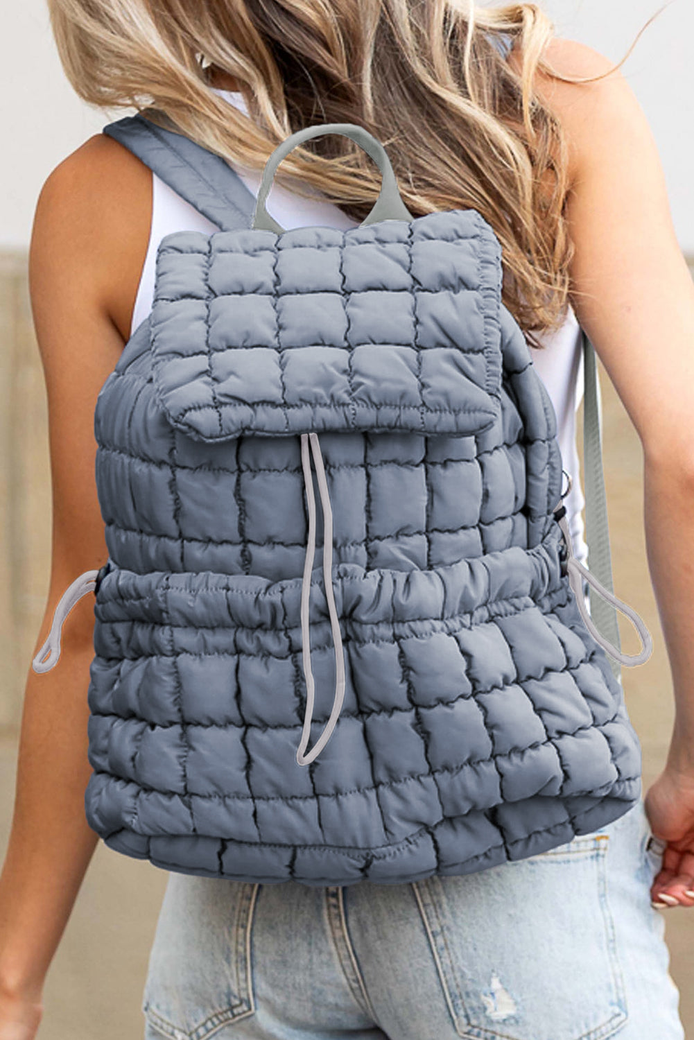 Black Solid Flapped Quilted Puffer Backpack