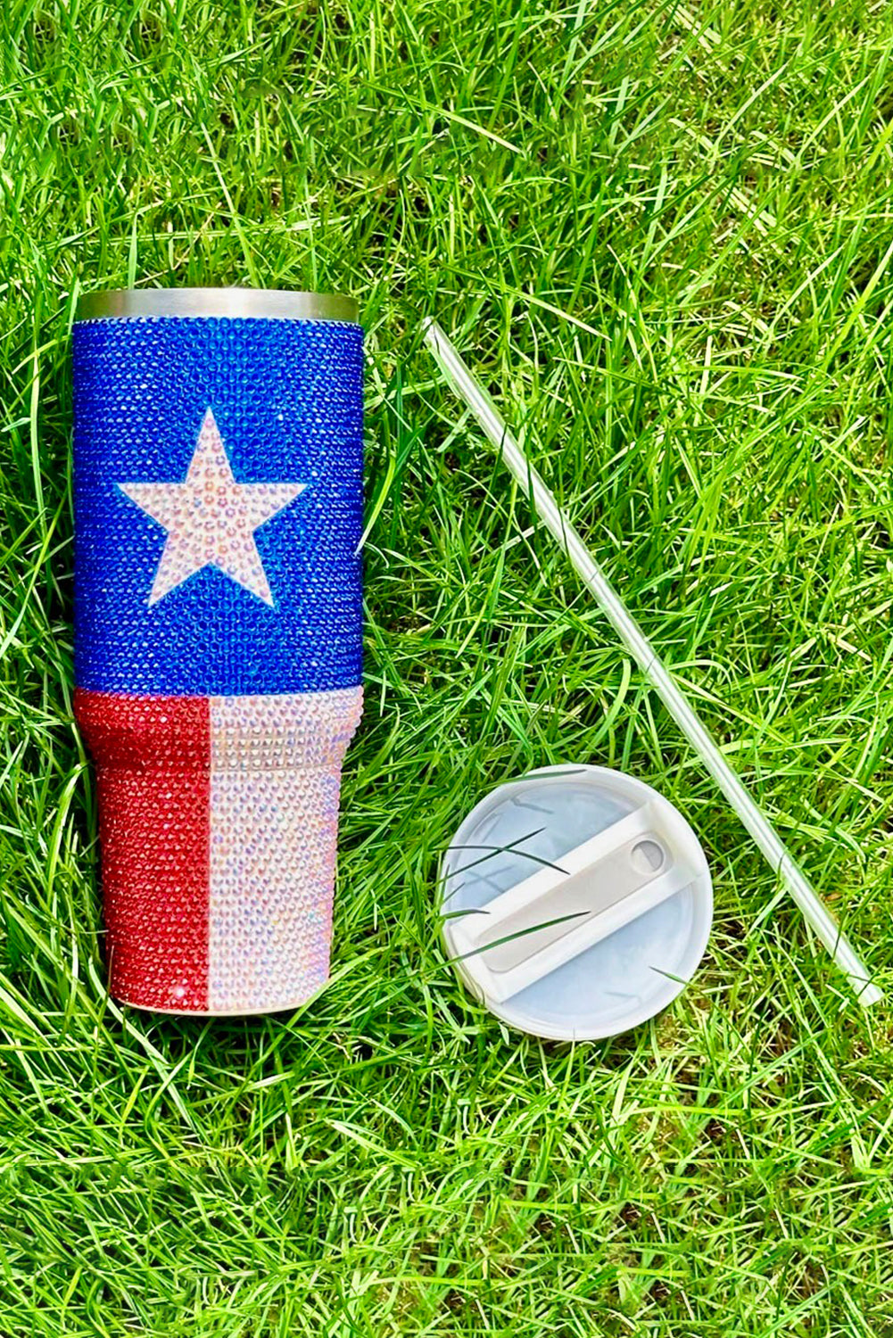 Dark Blue Texas Flag Star Full Rhinestone Handle Tumbler 40oz