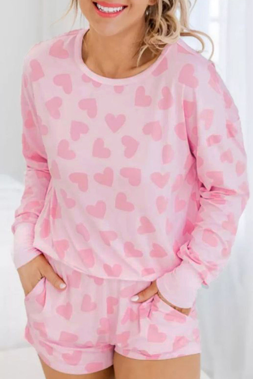 Black Heart Shape Print Long Sleeve Top and Shorts Loungewear Set