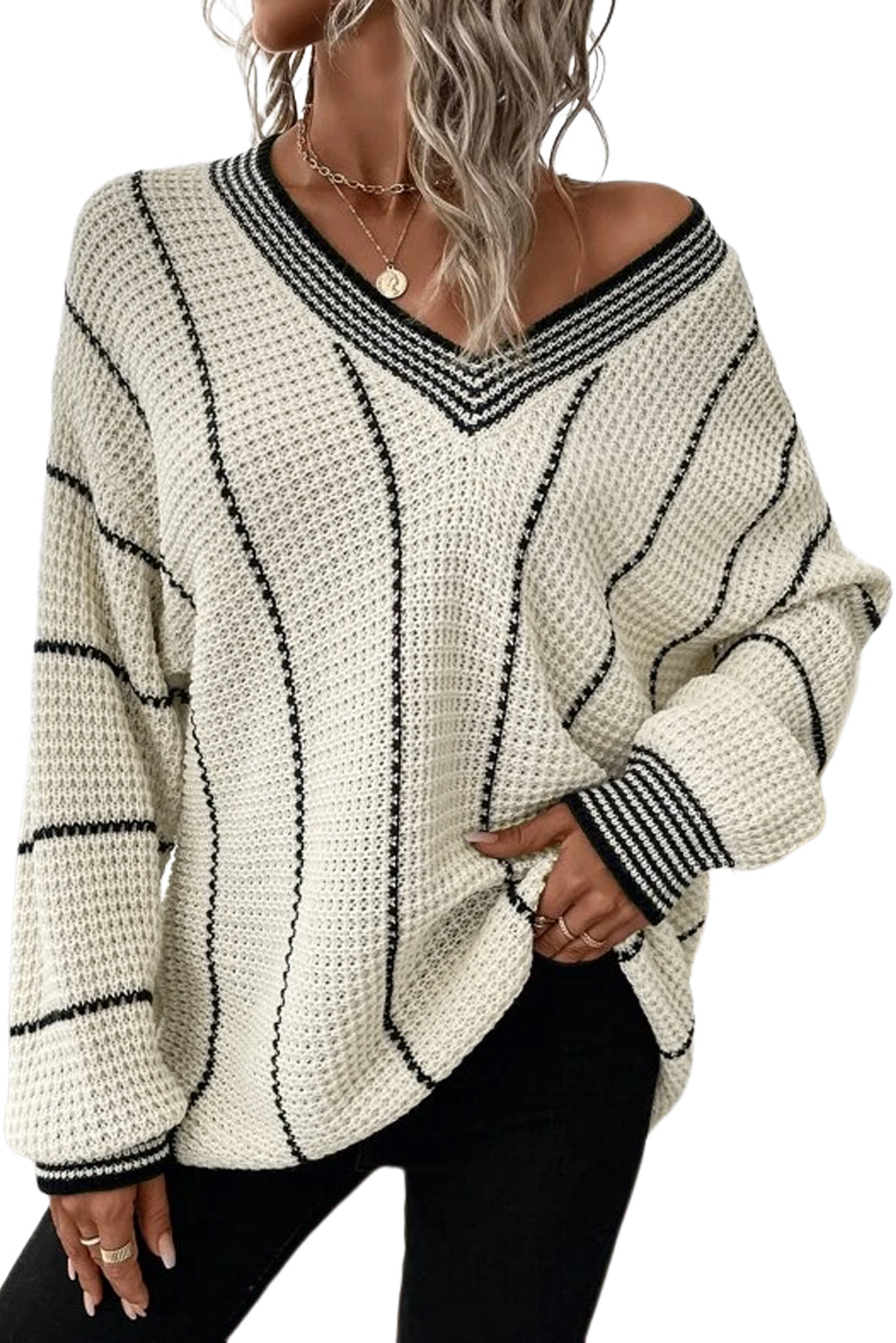 White Contrast V Neck Loose Tunic Sweater