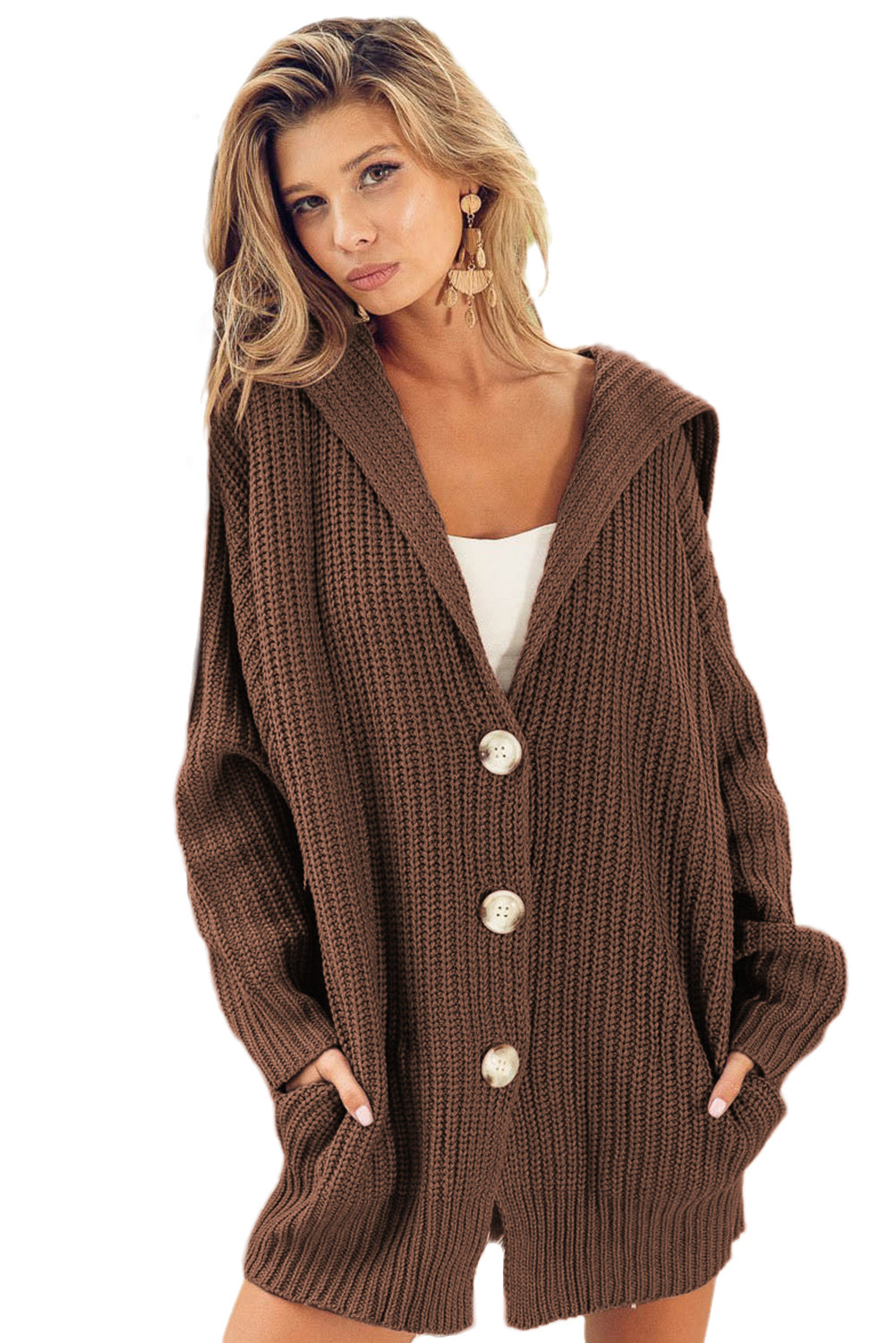 Brown Pocketed Button Up Chunky Knit Cardigan