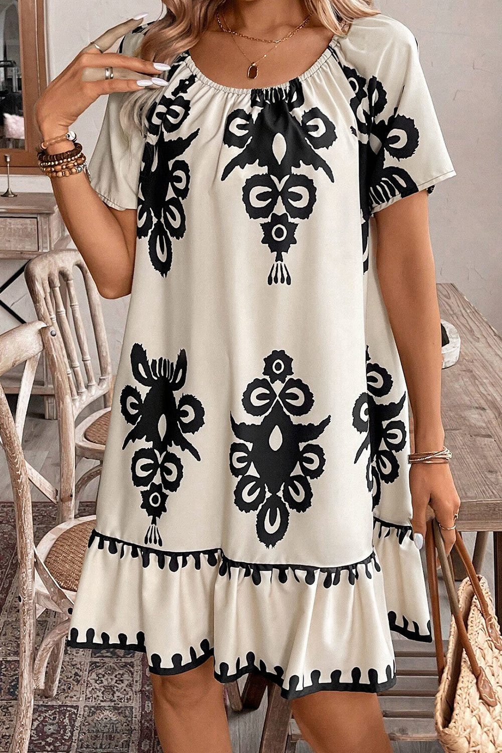 Apricot Western Print Ruffled Short Sleeve Loose Dress