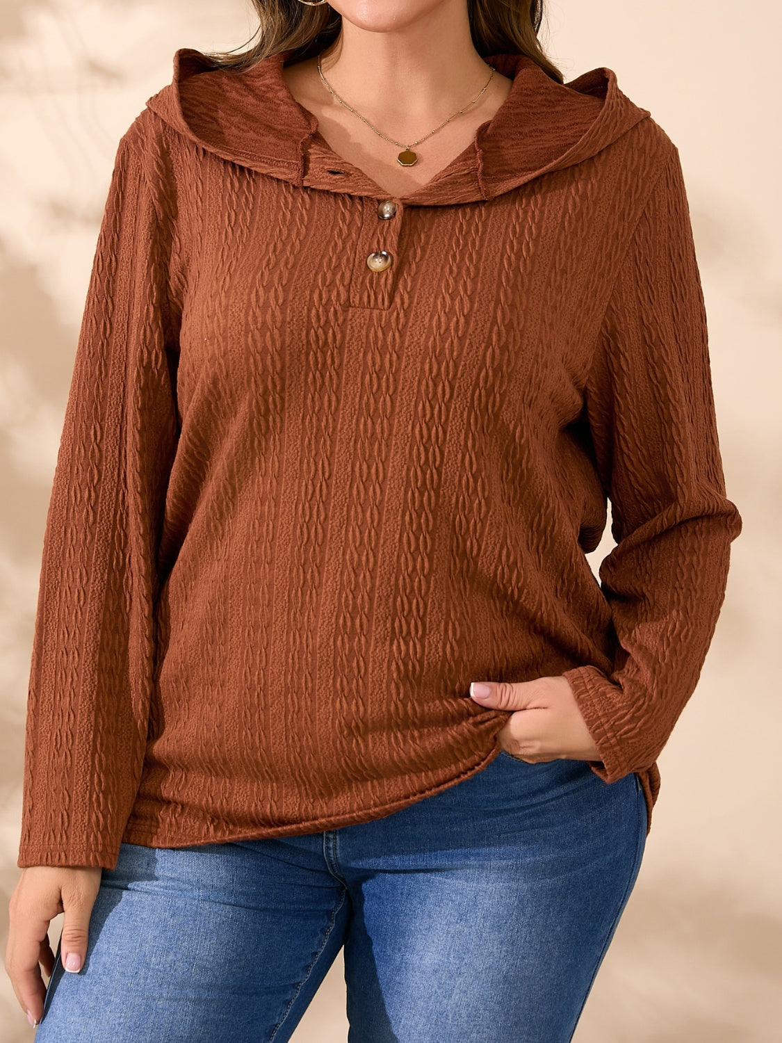 Plus Size Button Detail Long Sleeve Hooded top