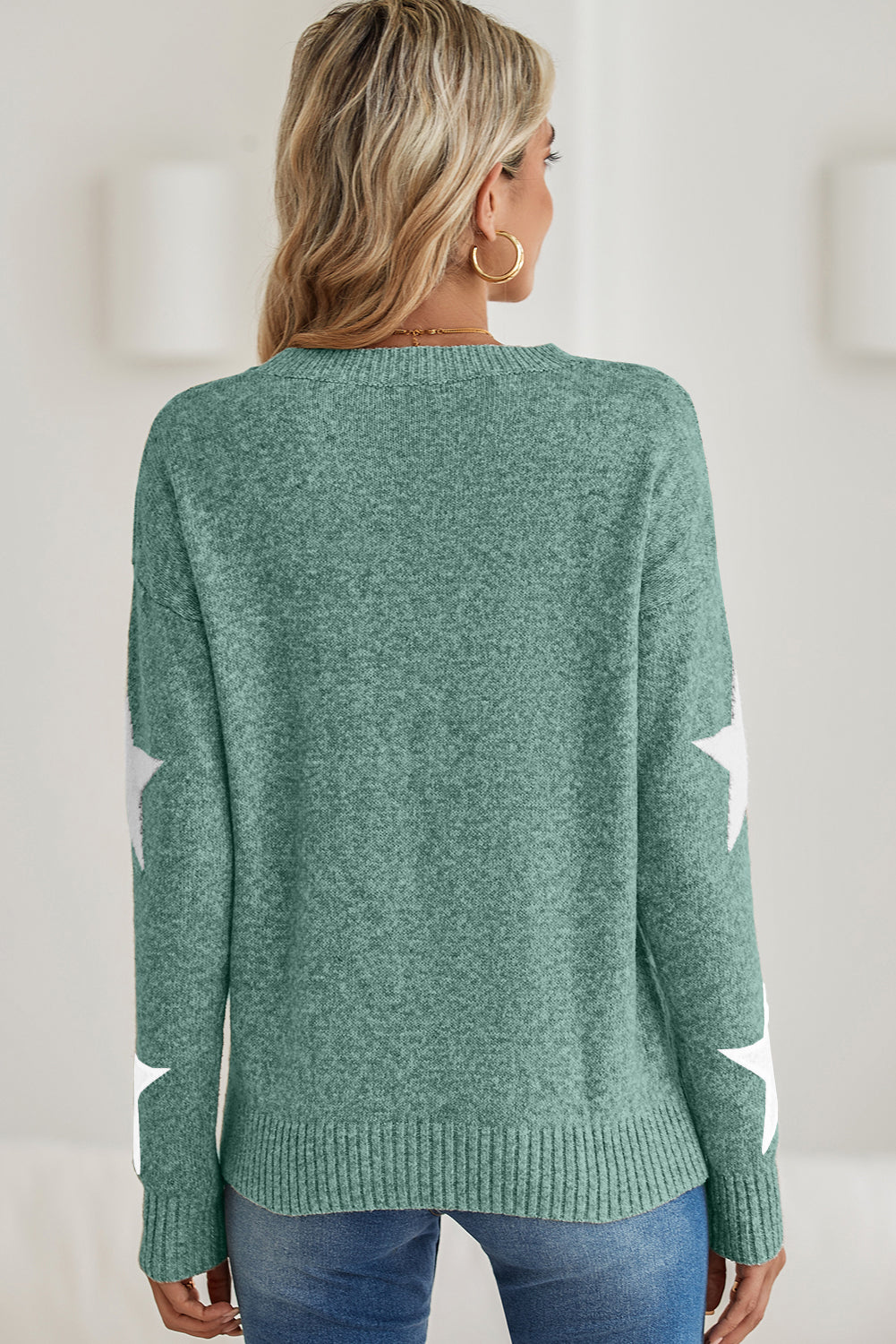 Khaki Star Pattern Drop Shoulder Knit Sweater