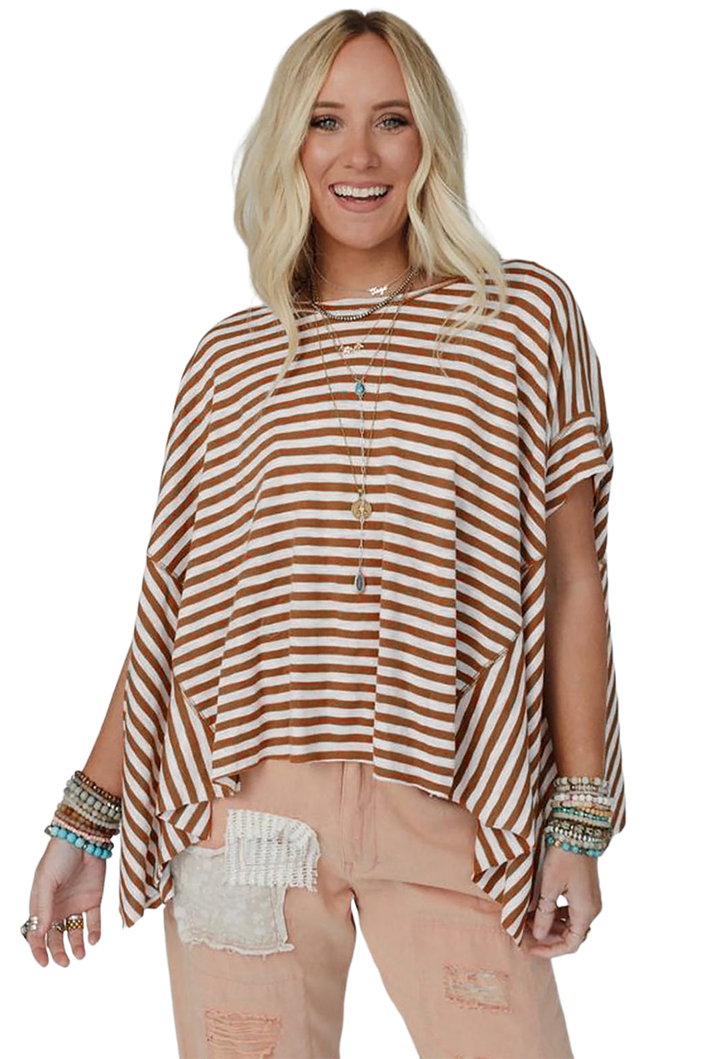 Khaki Striped Batwing Sleeve Oversized Top