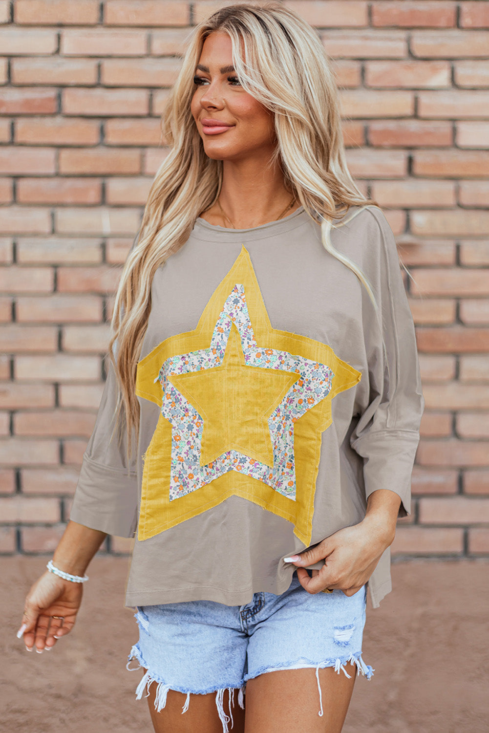 Medium Grey Floral Starbust Exposed Seam Mineral Wash Top