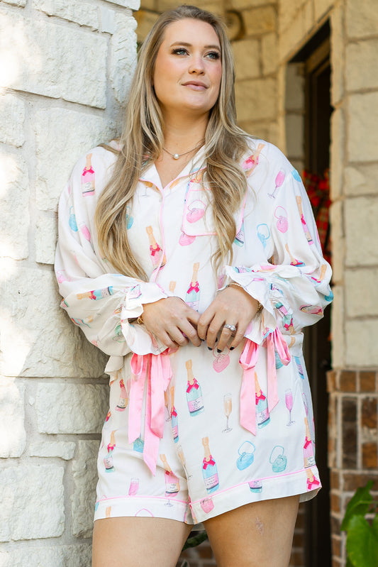 White Plus Size Wine Glass Print Bow Knot Pajama Set