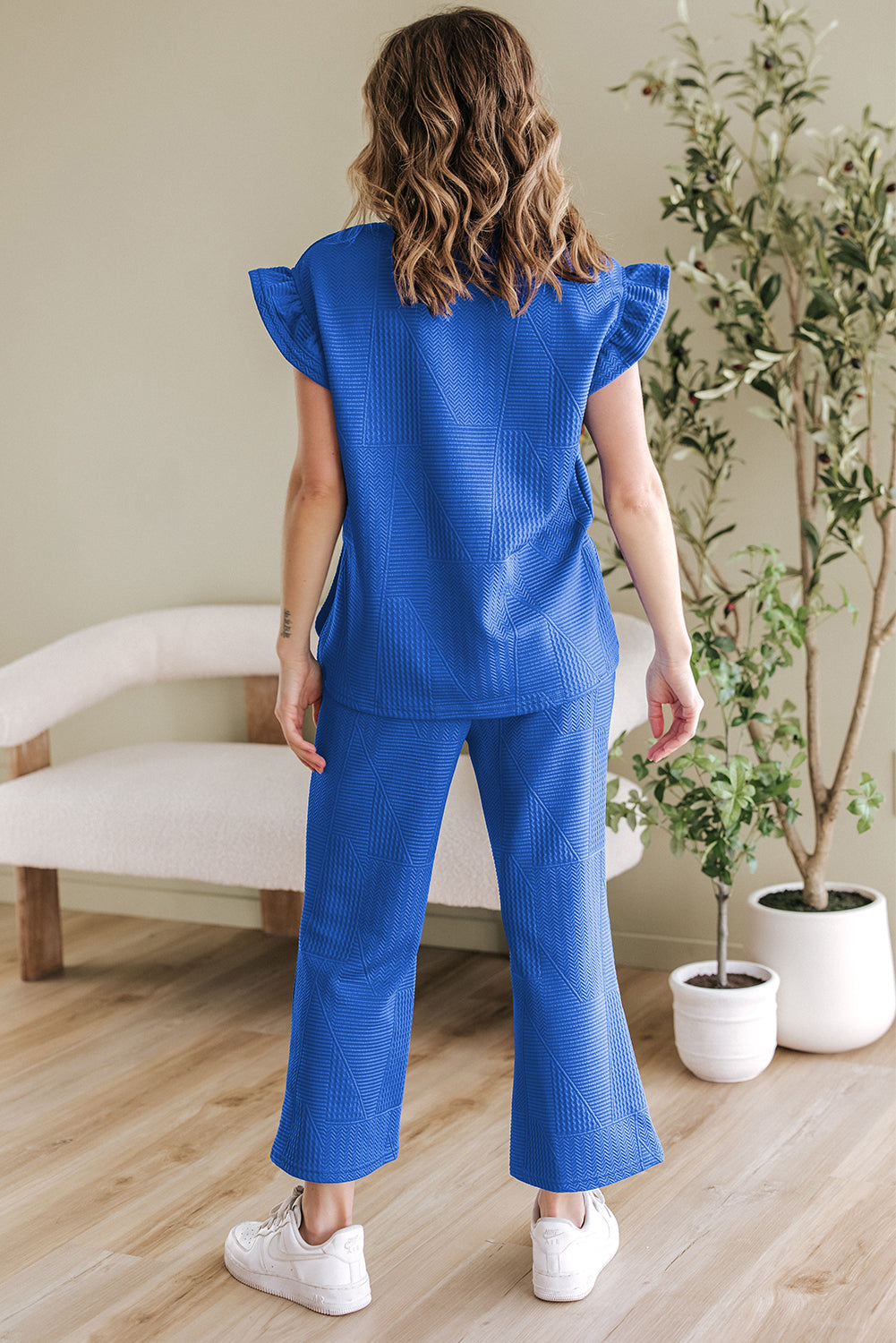 Black Ruffled Sleeve Summer Top and Cropped Loose Pants Set