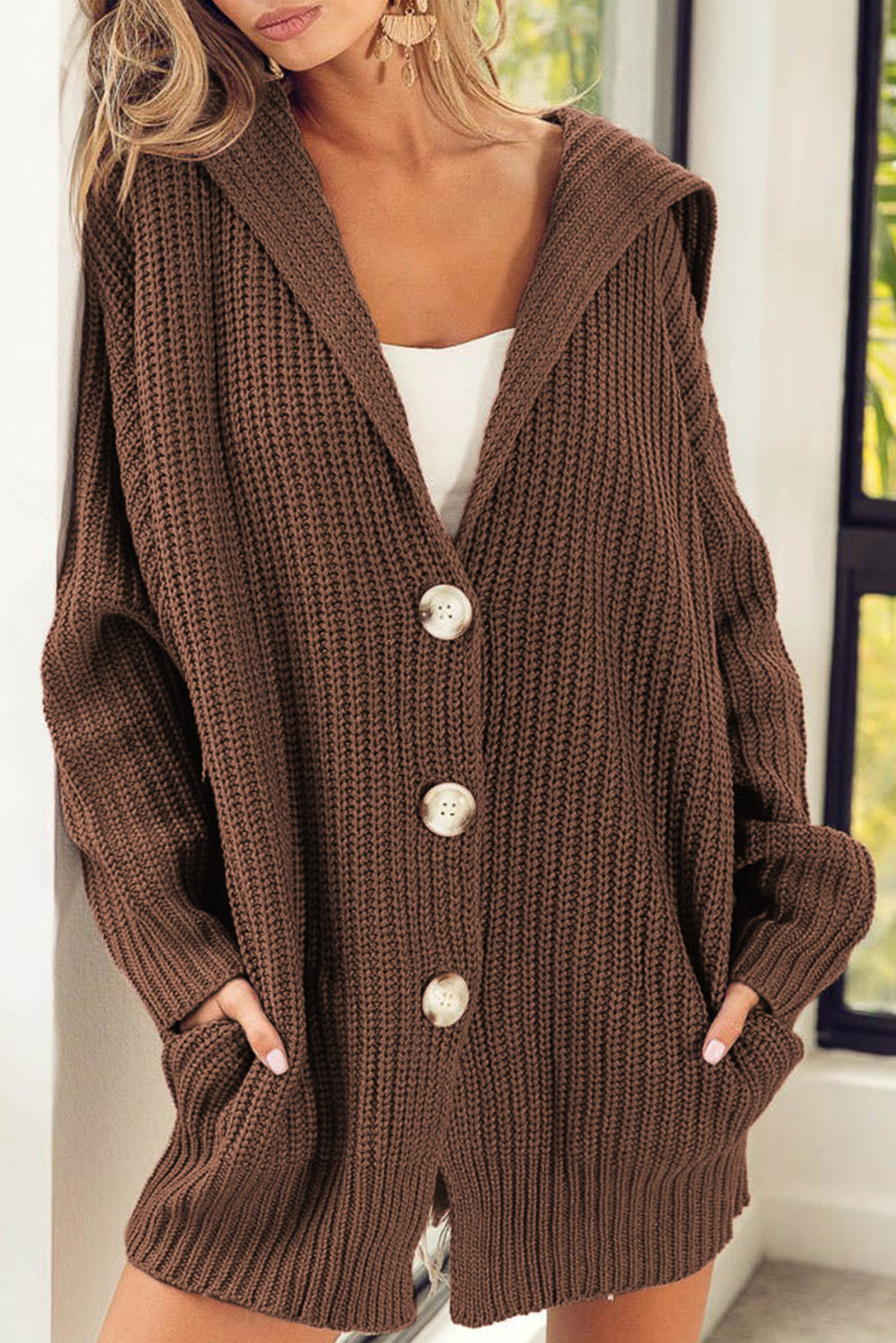 Brown Pocketed Button Up Chunky Knit Cardigan